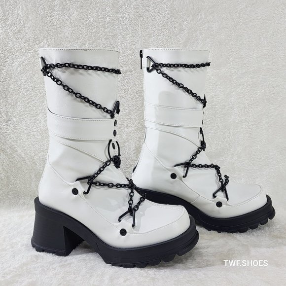 Bratty White Vegan Leather Block Heel Biker Style Goth  Punk Boots - Picture 5 of 10